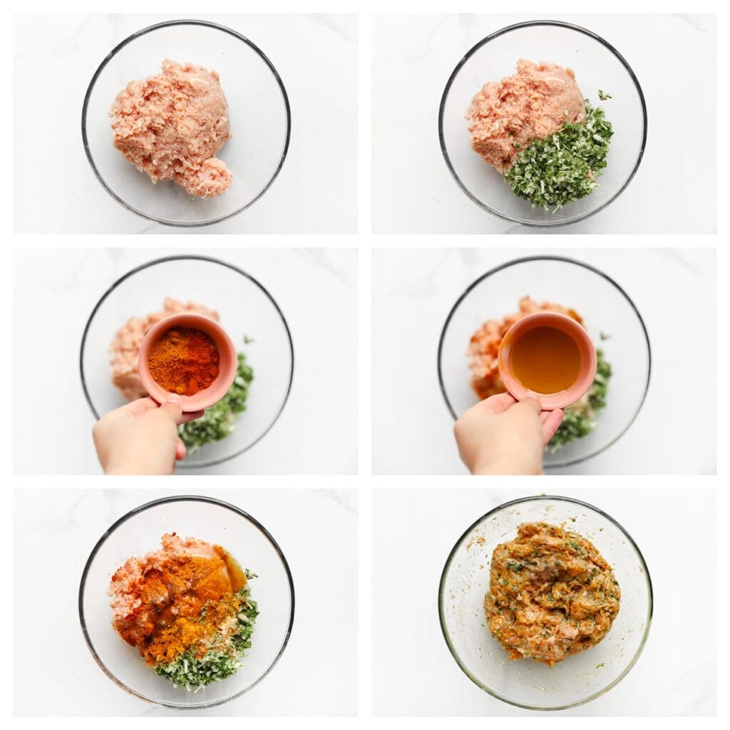 Doe de fijngemalen kippendijen en kipfilet in een diepe kom. Voeg het groentemengsel, zout, ras el hanout, kurkuma, uienpoeder, knoflookpoeder, cayennepeper en olijfolie toe. Meng goed door elkaar.