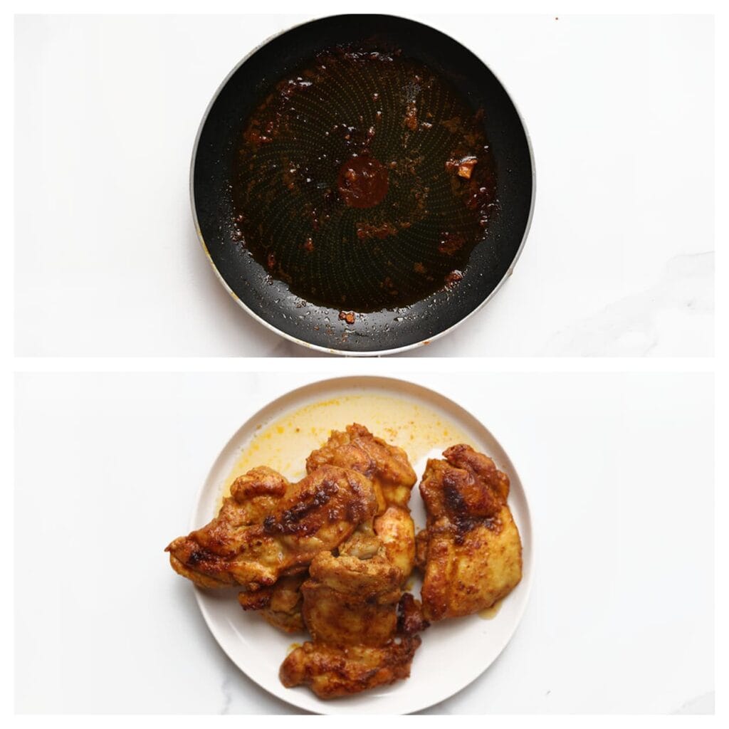 Haal de kip uit de pan en leg apart. Laat de pan op het vuur staan voor de volgende stap.