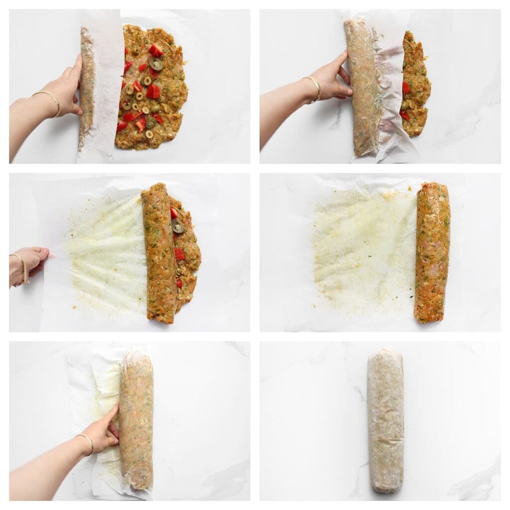 Rol het gehaktmengsel strak op met behulp van het bakpapier en zorg dat het stevig is ingepakt.