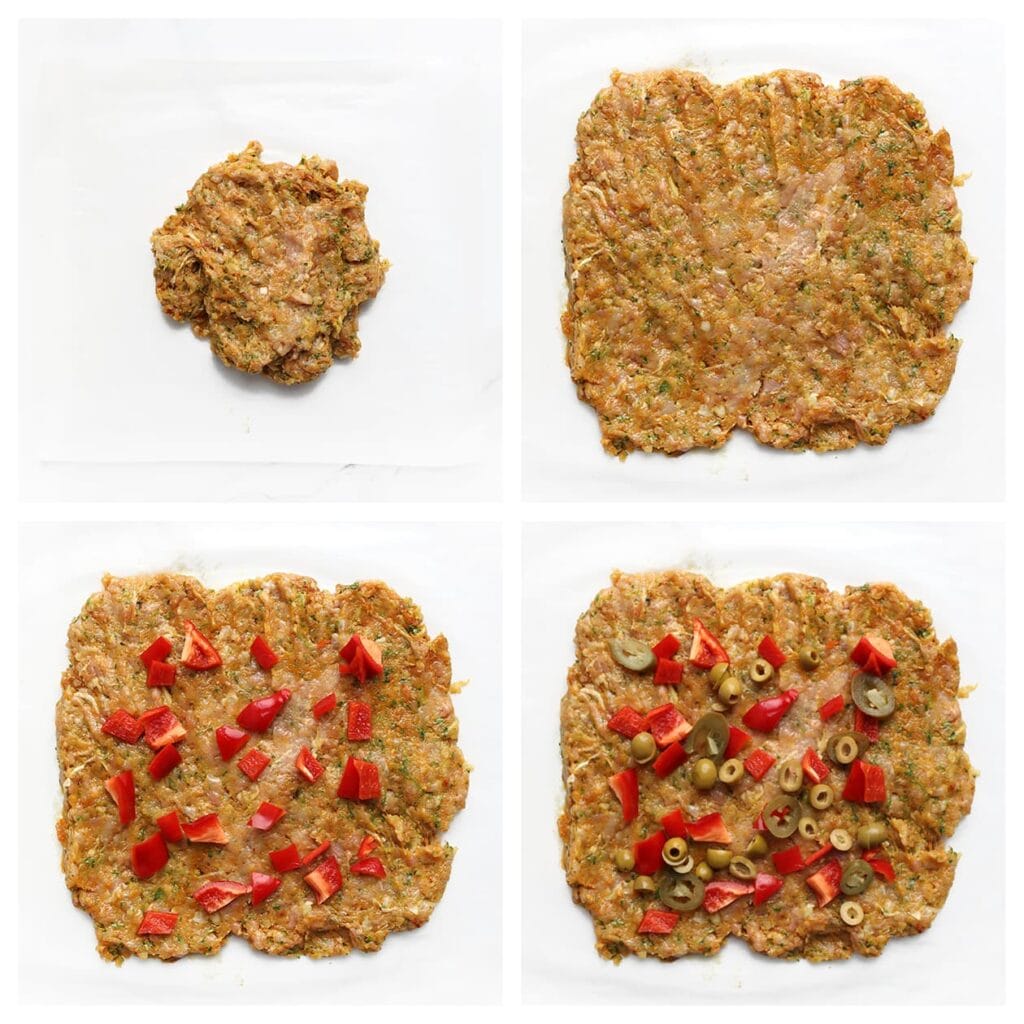 Leg het kipgehaktmengsel op een vel bakpapier en druk het plat tot een vierkante lap. Verdeel de rode paprika, jalapeno en groene olijven erover.