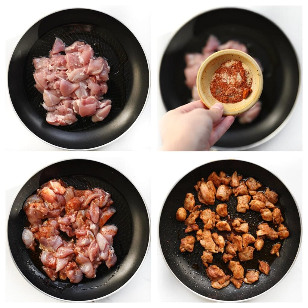 Snijd de kippendijen in stukken. Verhit 15 ml olijfolie in een koekenpan op middelhoog vuur. Voeg de kippendijen, zout, cayennepeper, knoflookpoeder en korianderpoeder toe. Meng goed en bak 5 minuten. 