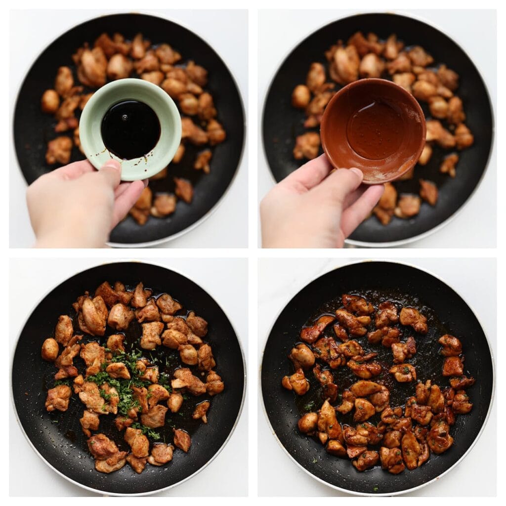 Voeg vervolgens de ketjap manis, honing en gehakte peterselie toe. Bak nog 2-3 minuten tot alles goed gemengd is.