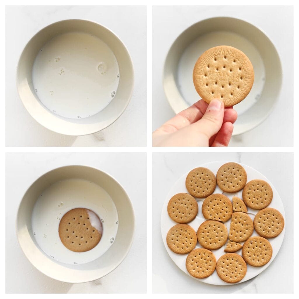 Doop de Maria biscuits kort in melk en leg ze in één laag op een ronde schaal. 