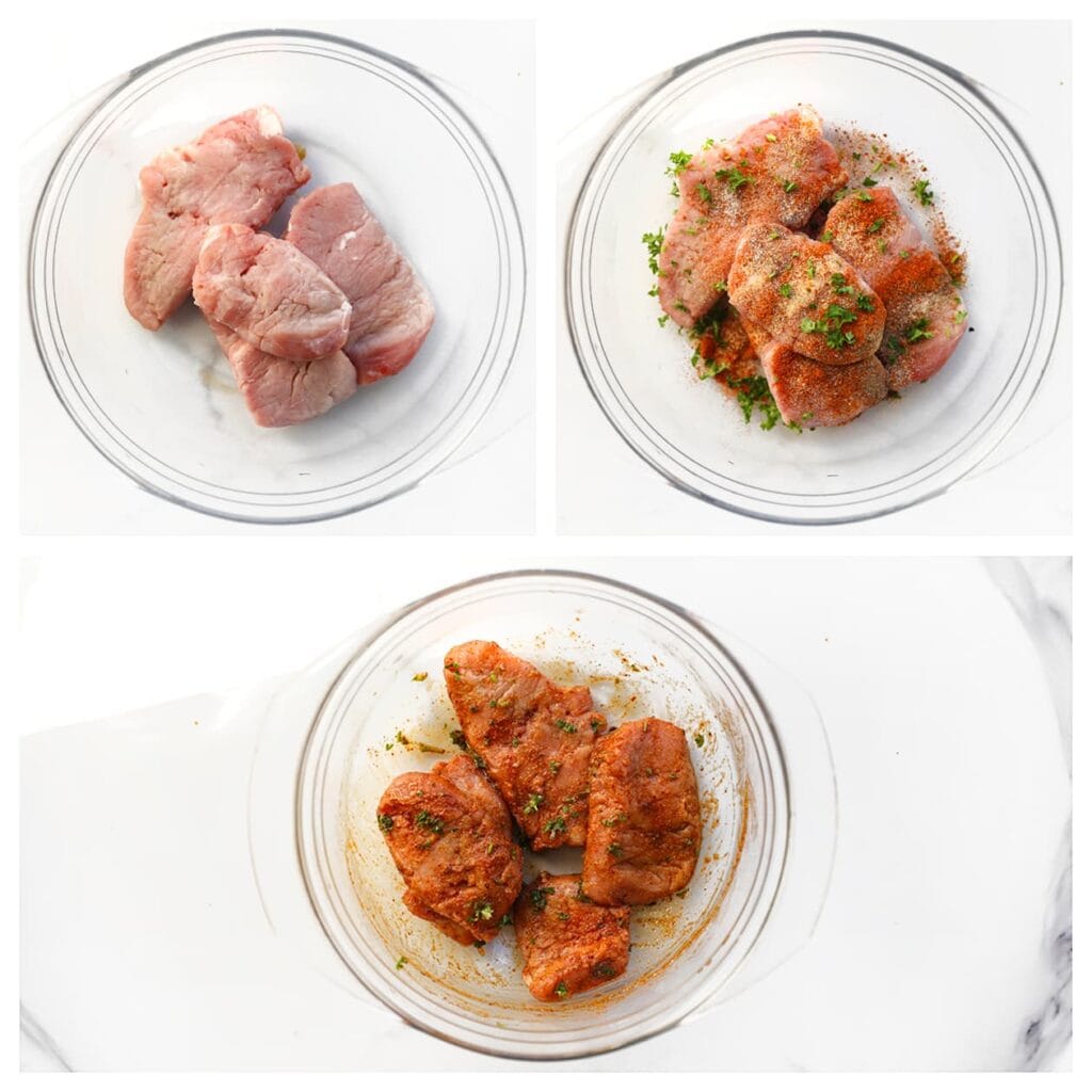 Haal de ossenhaas minstens 30 minuten vóór bereiding uit de koelkast, zodat het op kamertemperatuur kan komen. Dep het vlees droog met keukenpapier en leg het in een diepe kom. Voeg zout, cayennepeper, knoflookpoeder, zwarte peper en gehakte peterselie toe. Meng goed zodat het vlees volledig gekruid is.