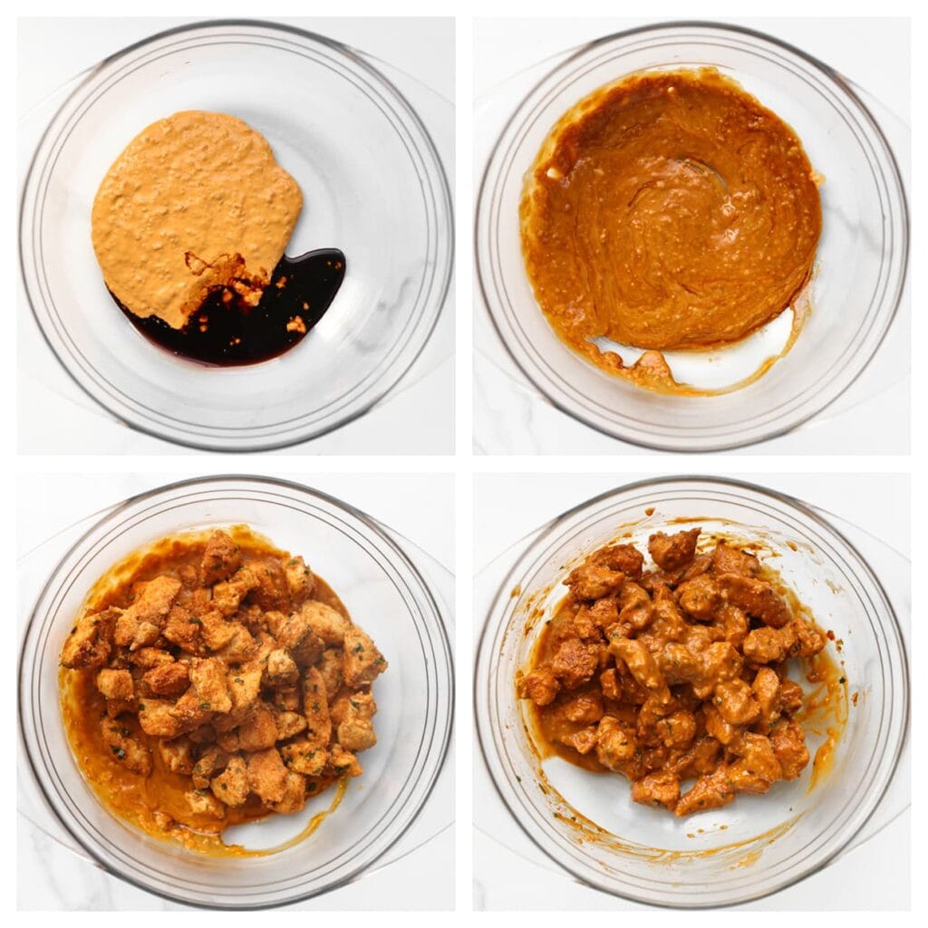 Doe de Algerienne saus, ketjap manis in een kom en meng goed. Voeg de gebakken kip toe en meng tot een geheel.