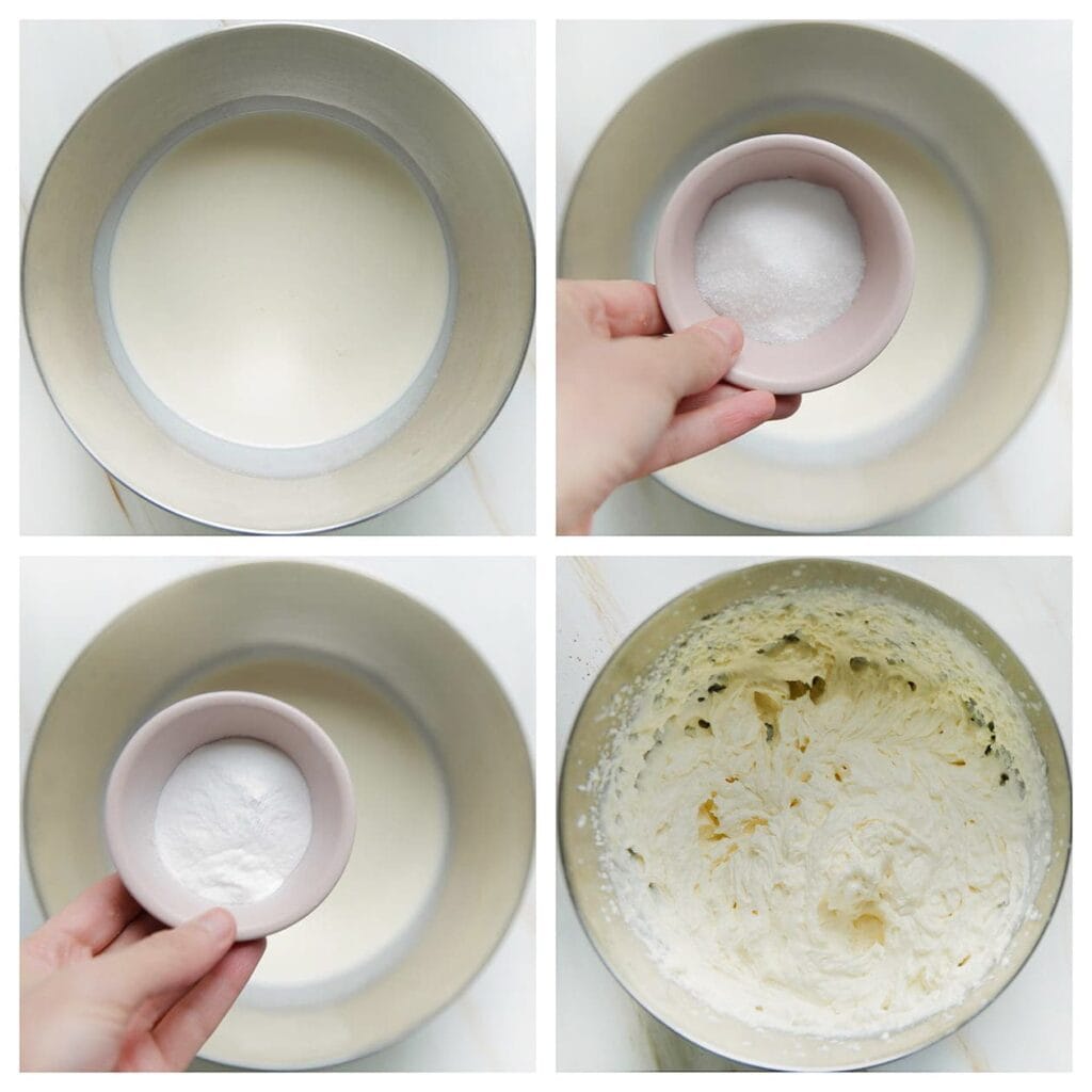 Doe de ongeklopte slagroom in een diepe, koude kom. Voeg de poedersuiker, vanillesuiker en klopfix toe. Begin met het kloppen van de slagroom op lage snelheid. Verhoog langzaam de snelheid naar hoog. Klop de slagroom totdat deze dikker wordt en zachte pieken vormt. Dit betekent dat de slagroom stevig blijft staan als je de garde omhoog tilt, maar nog lichtjes omkrult.