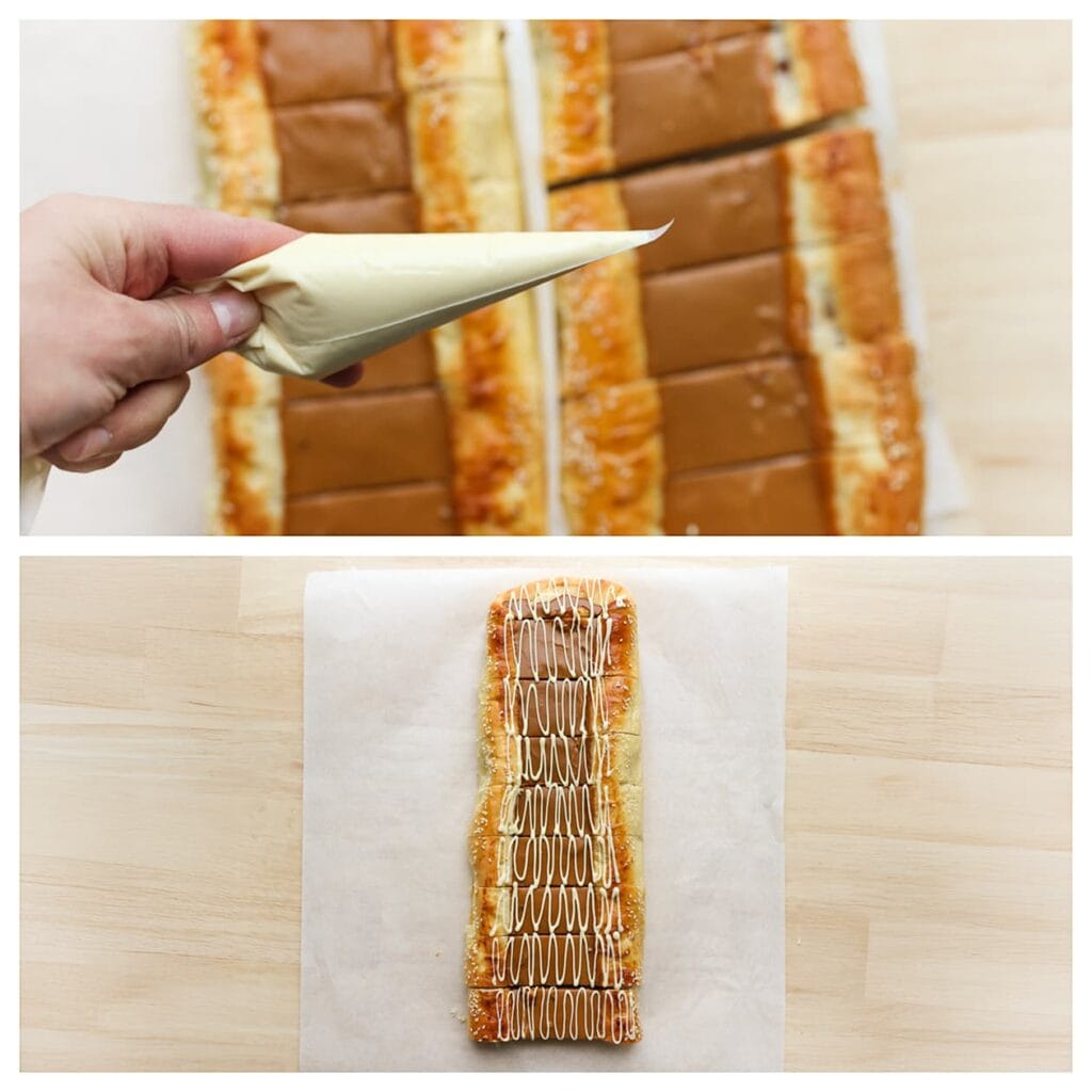 Garneer met lijnen van witte chocolade.