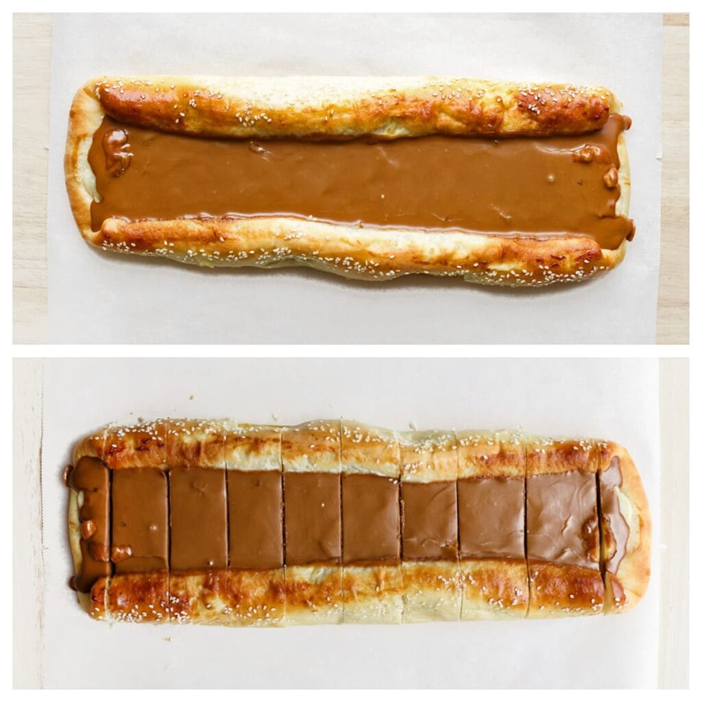 Snijd het biscoff-brood in stukken.