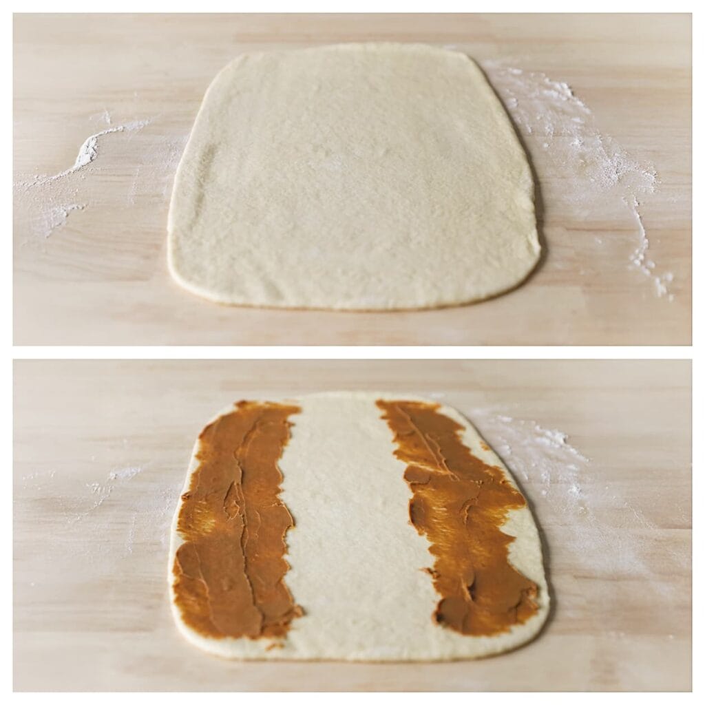 Smeer een laag biscoff-pasta op beide lange zijden van het deeg. Laat het midden vrij.