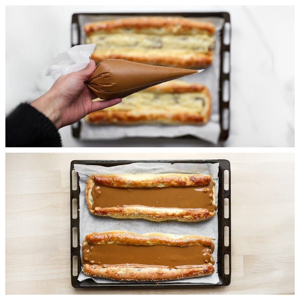 Verwarm de Biscoff-pasta in een steelpan op laag vuur, al roerend. Vul hiermee de gleufjes van het brood. Laat stevig worden.