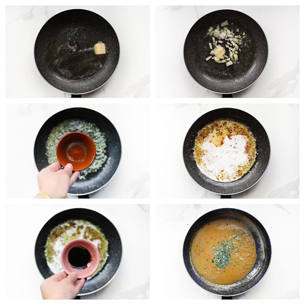 Verhit ondertussen een andere koekenpan en zet deze op middelhoog vuur. Voeg de roomboter toe en laat deze smelten. Doe de gesnipperde gele ui erbij en bak 3-4 minuten tot deze zacht en glazig is. Voeg zout, cayennepeper, ketjap manis en ongeklopte slagroom toe. Laat het geheel 5-7 minuten koken totdat de saus is ingedikt. Voeg de gedroogde peterselie toe en roer alles goed door.