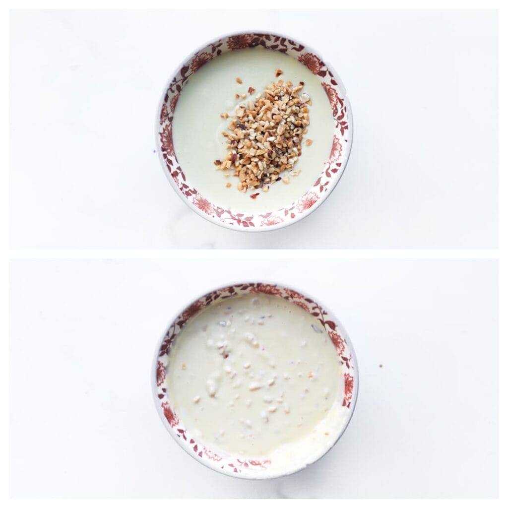 Doe de gesmolten witte chocolade in een kom en voeg 15 gram gehakte hazelnoten toe. Meng goed.