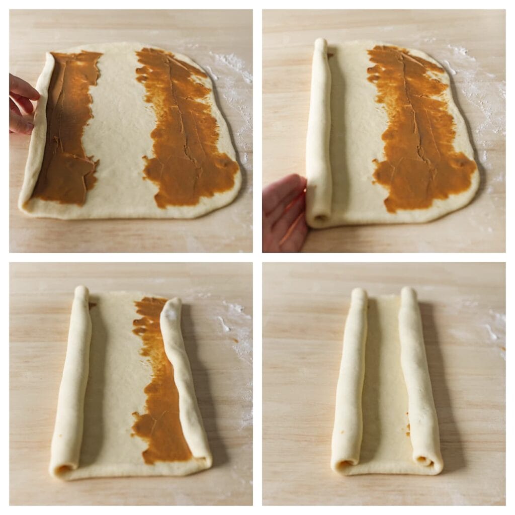 Rol vanaf beide lange zijden strak op naar het midden, zodat de twee opgerolde delen elkaar bijna raken.