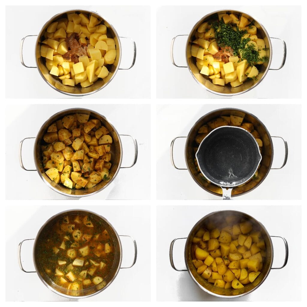 Verhit de olijfolie in een pan op middelhoog vuur. Voeg de aardappels, het zout, de ras el hanout, cayennepeper, knoflookpoeder en fijngehakte peterselie toe. Meng goed door. Giet het gekookte water erbij en zet het vuur hoog tot het begint te borrelen. Verlaag het vuur, dek de pan af en laat de aardappels 22-28 minuten sudderen, of tot ze zacht zijn. Controleer met een vork of ze gaar zijn.