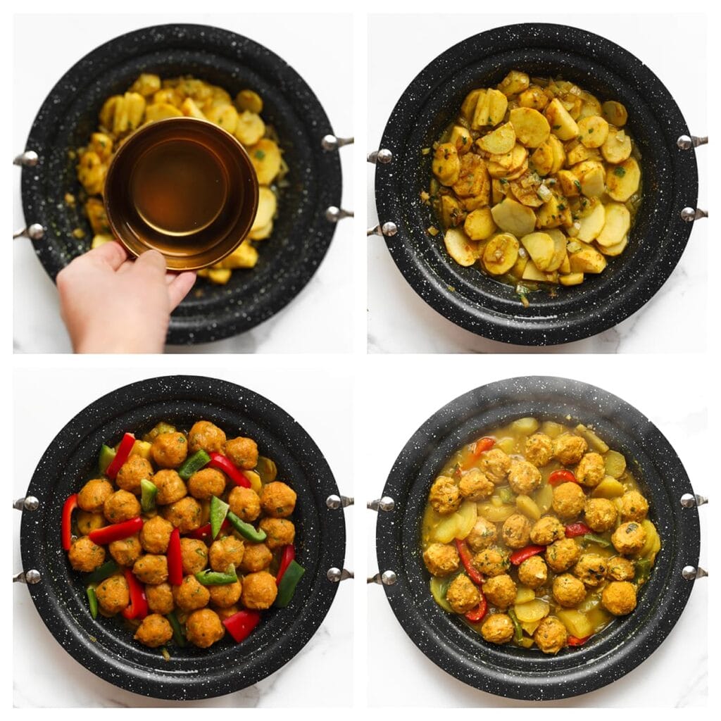 Schenk het water in de pan en leg de kabeljauwbollen erop. Voeg de rode en groene paprikareepjes toe. Breng het geheel aan de kook op hoog vuur. Wanneer het begint te sudderen, zet je het vuur laag. Laat, afgedekt, 15-20 minuten zachtjes koken, totdat de aardappels gaar zijn.