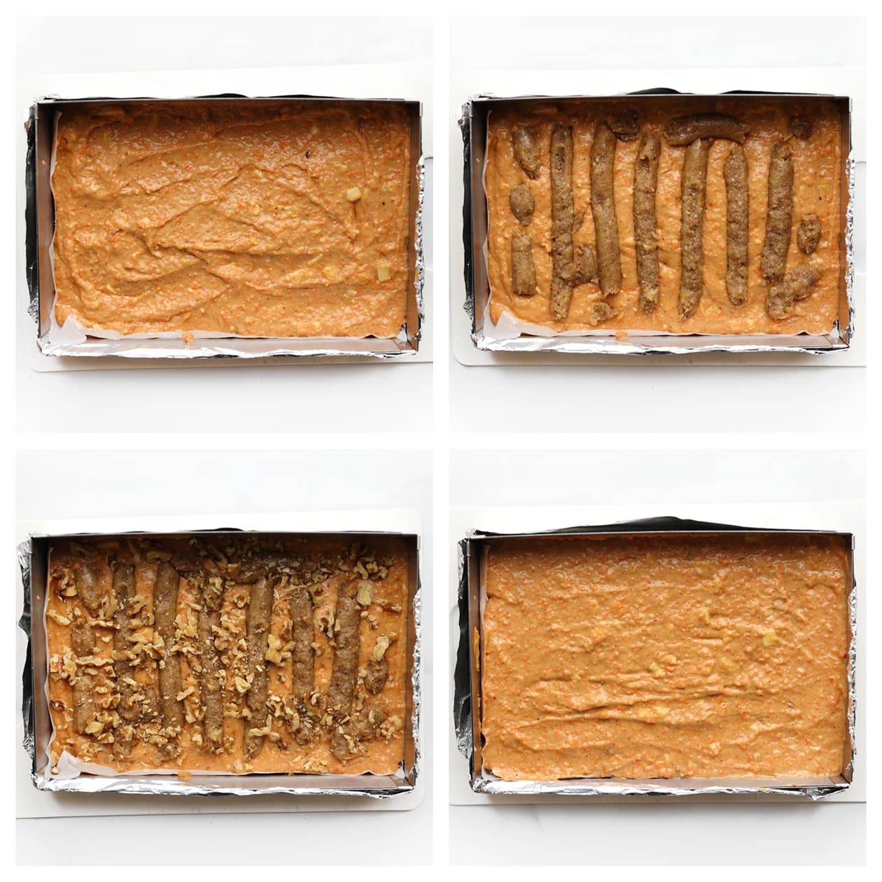 Beslag en walnotenspijs verdelen over een bakvorm