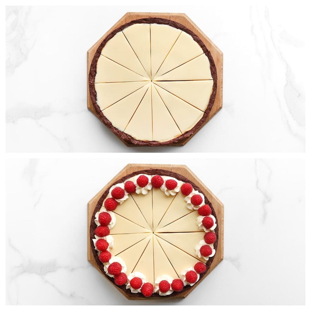 Snijd de cheesecake in mooie punten. Garneer met toefjes slagroom en extra frambozen naar wens.