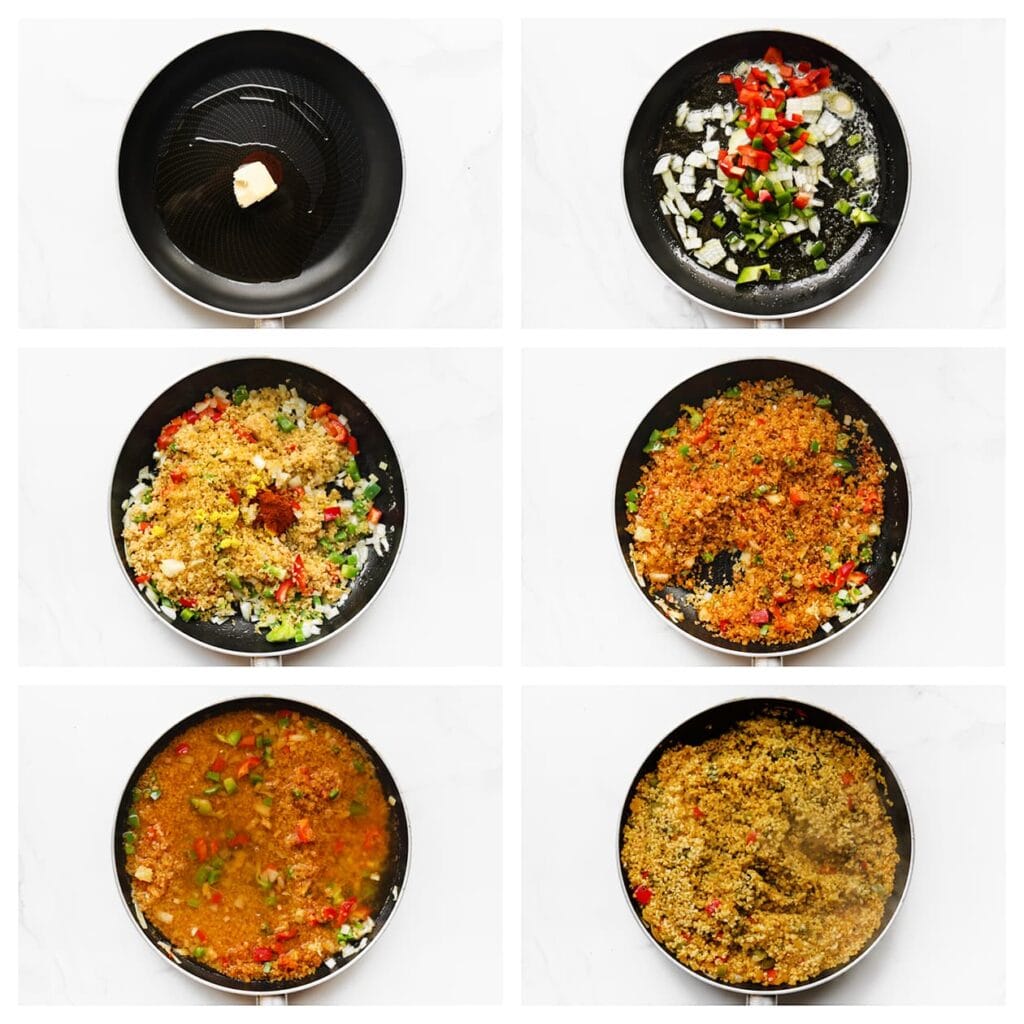 Verhit de olijfolie en roomboter in een koekenpan op middelhoog vuur. Voeg de gesnipperde ui, rode paprika en groene paprika toe en bak 2-3 minuten. Voeg de bulgur toe, samen met de cayennepeper, knoflookpoeder, komijnpoeder en kurkuma. Verkruimel het kippenbouillonblokje erboven en meng alles goed door. Schenk het gekookte water erbij en roer goed. Zet het vuur hoog en breng aan de kook. Zodra het water kookt, zet je het vuur laag en dek je de pan af. Laat de bulgur 12-15 minuten zachtjes koken totdat al het vocht is opgenomen.