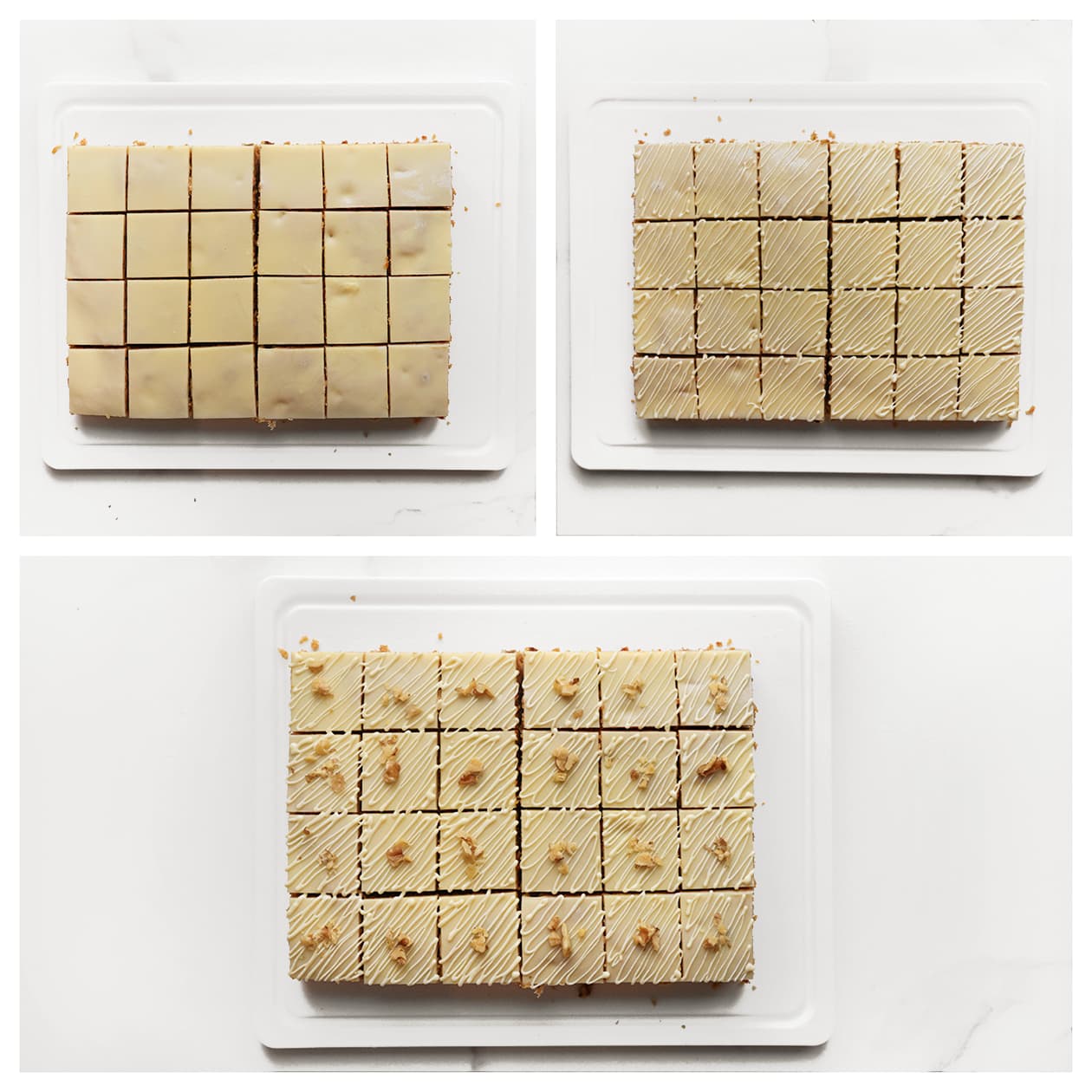 Cake garneren met witte chocoladelijntjes en stukjes walnoot