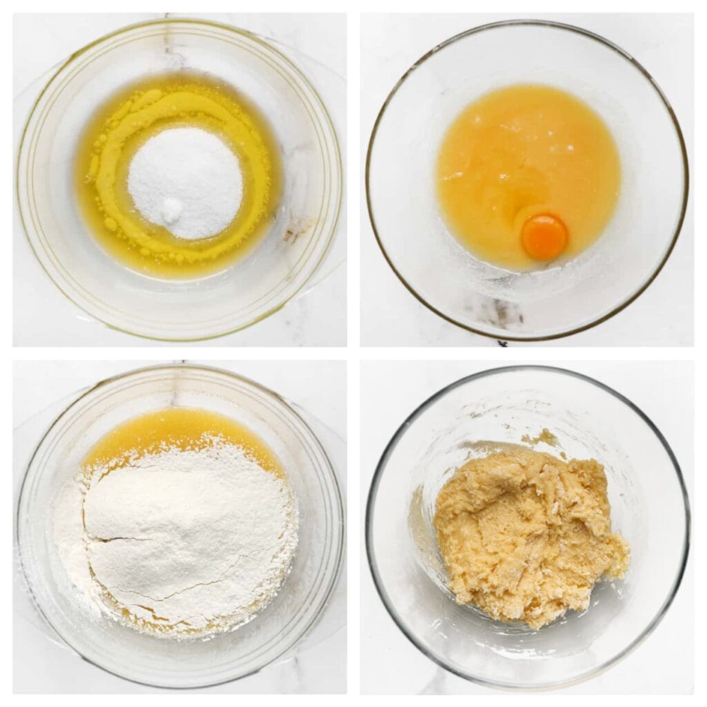 Doe de gesmolten roomboter in een diepe kom en voeg de witte basterdsuiker en vanillesuiker toe. Mix tot een egaal mengsel. Voeg de eieren één voor één toe en spatel tot een glad geheel. Voeg de geraspte kokos toe en meng goed. Zeef de bloem en het bakpoeder boven de kom en meng tot een glad beslag.