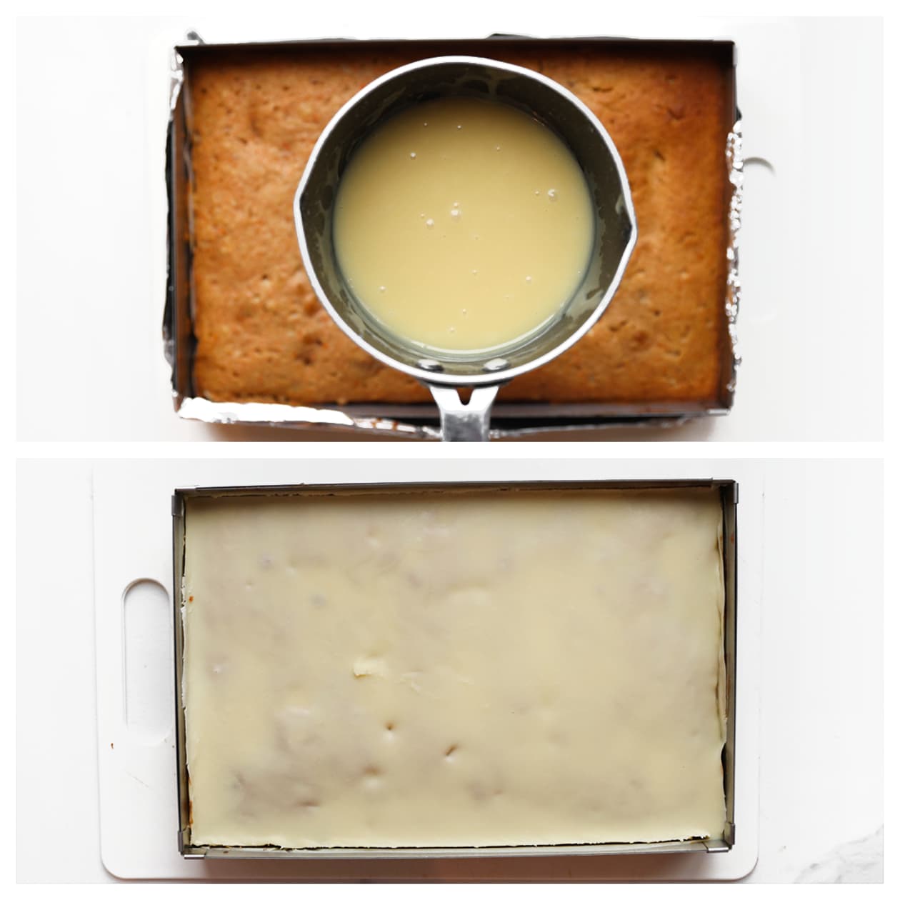 Chocoladeganache gieten over de wortelcake