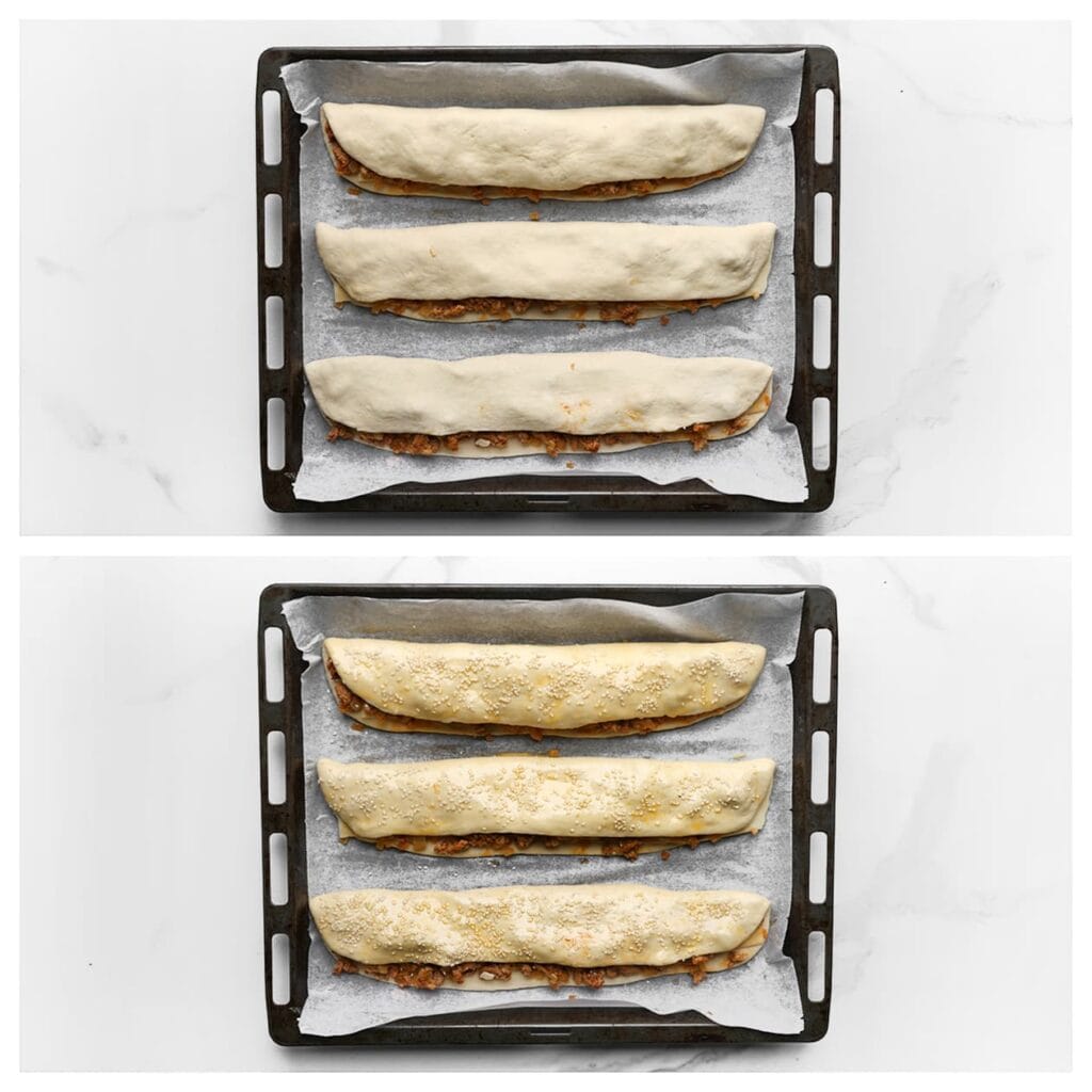 Bestrijk de broodjes met het geklutste ei en bestrooi met sesamzaad. Laat de broodjes 30 minuten rijzen op een warme plek, tot ze in omvang zijn verdubbeld.