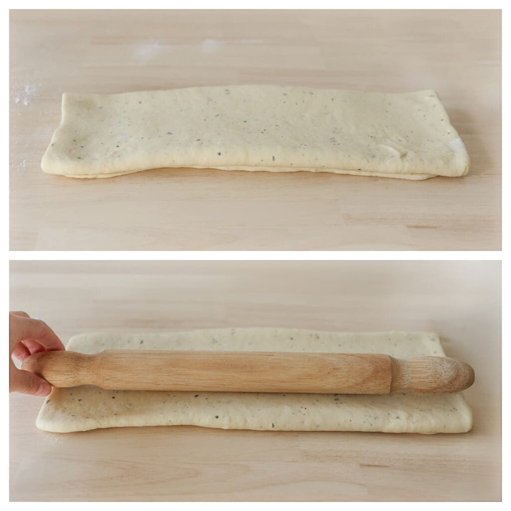 Gebruik een deegroller om het gevouwen deeg iets platter te maken, zonder de lagen volledig samen te drukken.