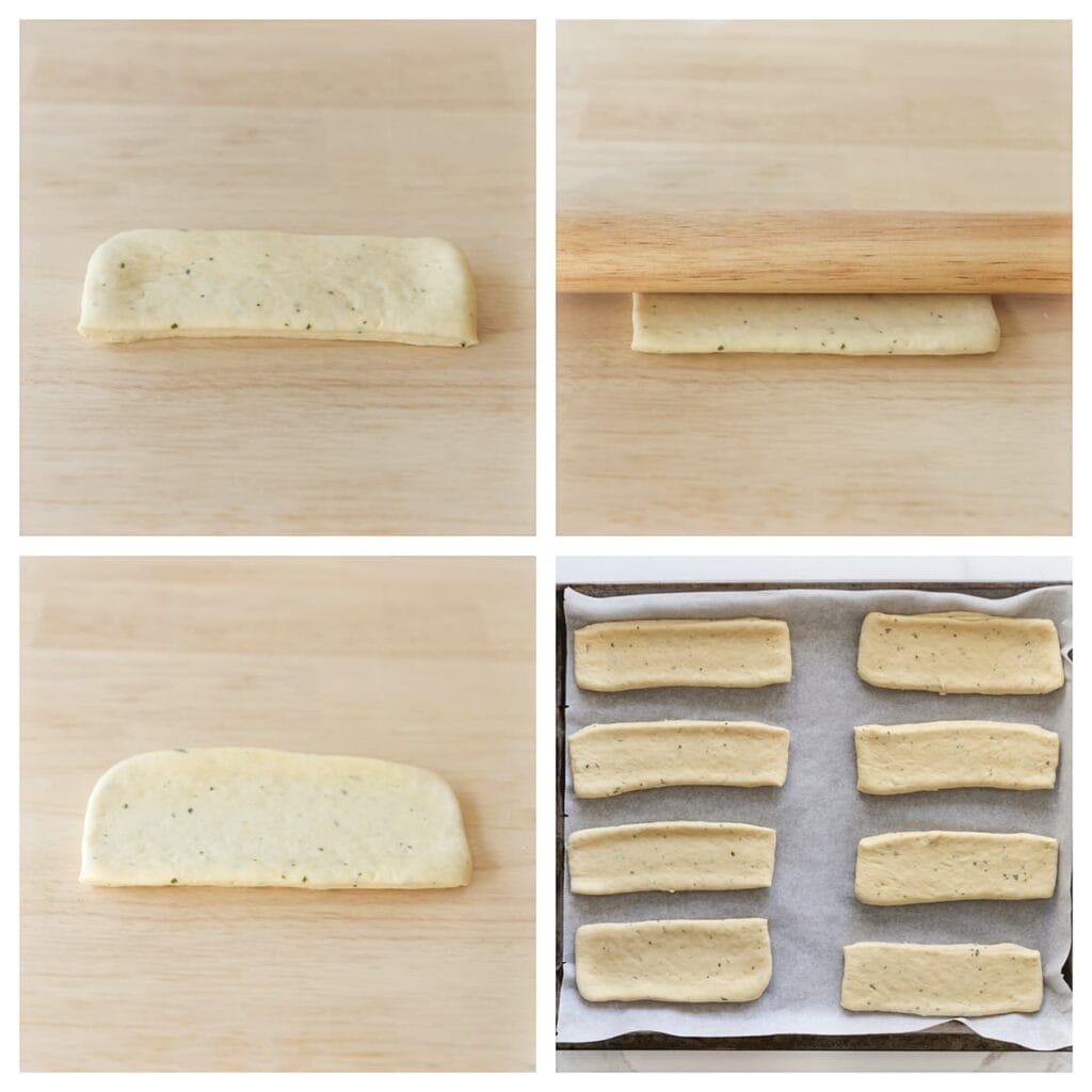 Rol elke strook lichtjes uit met een deegroller om de vorm iets te verlengen. Leg het deeg met voldoende ruimte ertussen op een bakplaat bekleed met bakpapier.