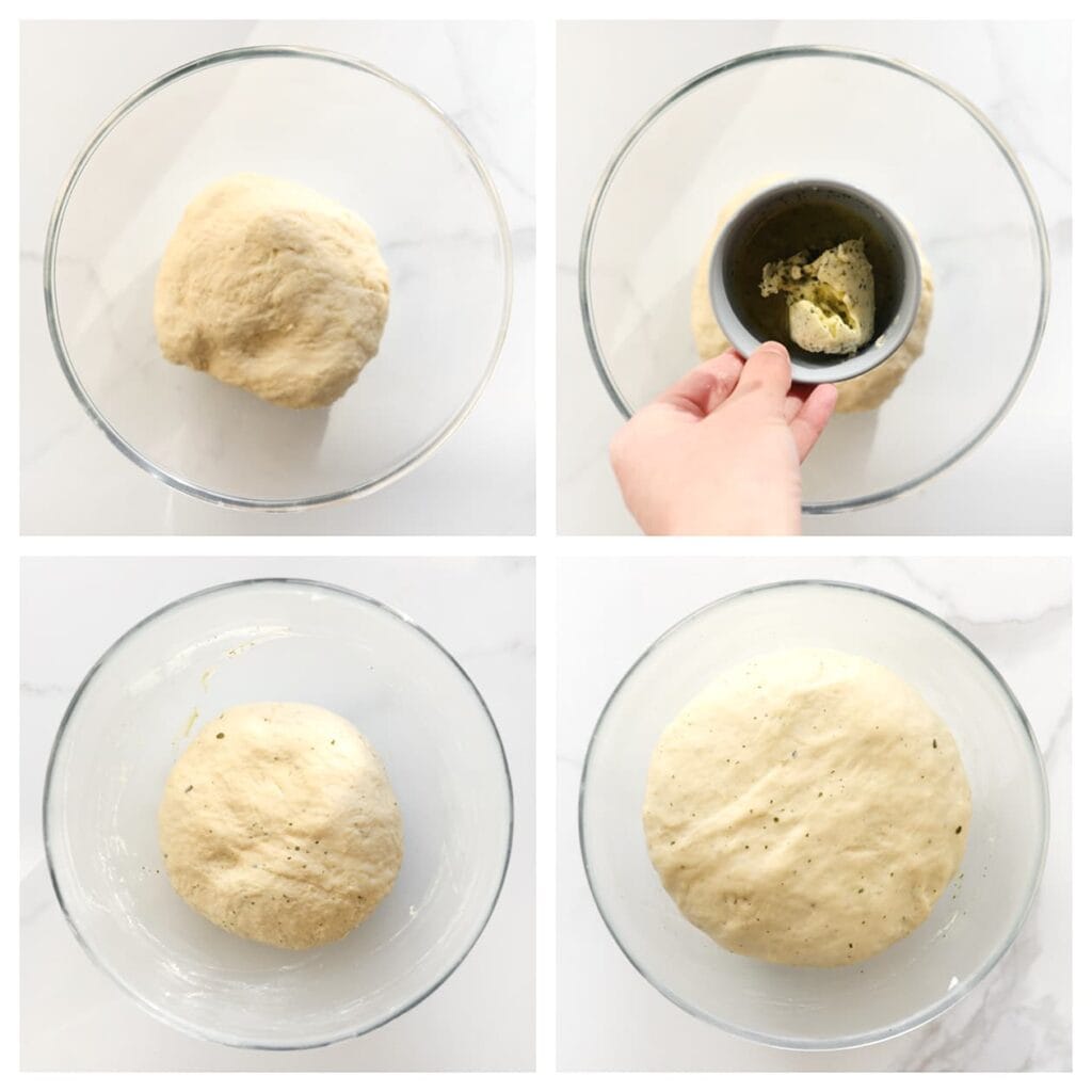 Voeg de kruidenboter toe en kneed nog 1 minuut door. Dek het deeg af en laat 1 uur rijzen, of tot het in omvang is verdubbeld.