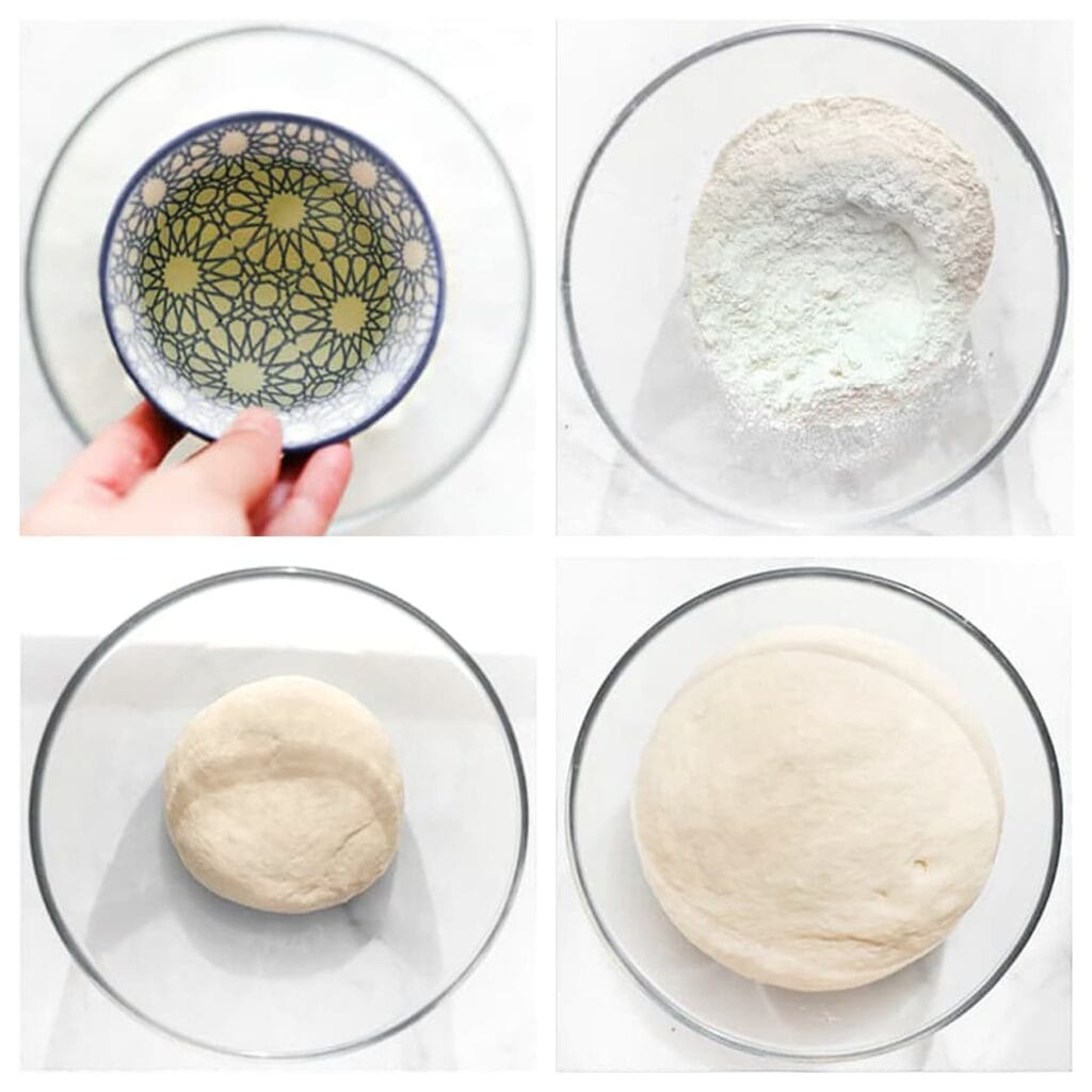 Voeg de zonnebloemolie, bloem en zout toe. Kneed 10-12 minuten tot een soepel deeg. Dek de kom af en laat het deeg 1 uur rijzen op een warme plek, tot het in volume is verdubbeld.