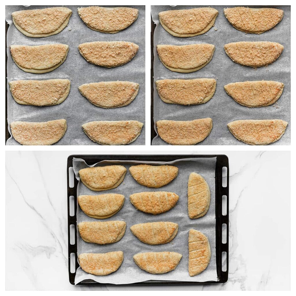 Leg het deeg op een bakplaat met bakpapier en maak enkele sneetjes in de bovenkant. Laat 30 minuten rijzen of tot het in omvang is verdubbeld.