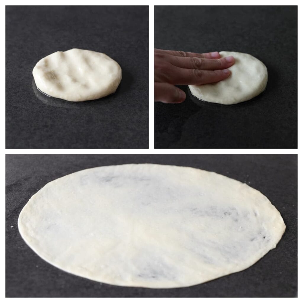 Vet opnieuw je werkplek in met 15 ml olie. Leg een bolletje deeg op de werkplek en spreid het voorzichtig uit tot een flinterdunne cirkel van ongeveer 30 x 28 cm. Gebruik een snelle vegende beweging met je vingertoppen vanuit het midden naar buiten. Zorg ervoor dat je handen telkens goed ingevet zijn, zodat het deeg niet scheurt.