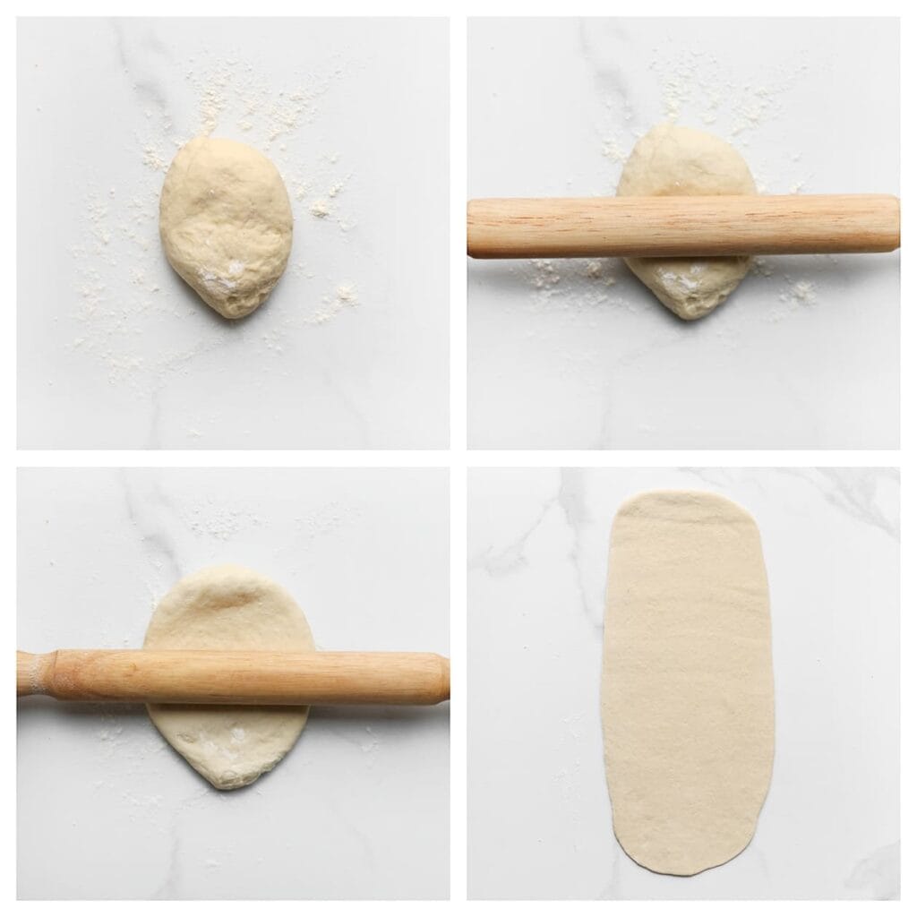 Rol elke bol op een met bloem bestoven werkblad uit tot een langwerpige lap van 40 x 17 cm.