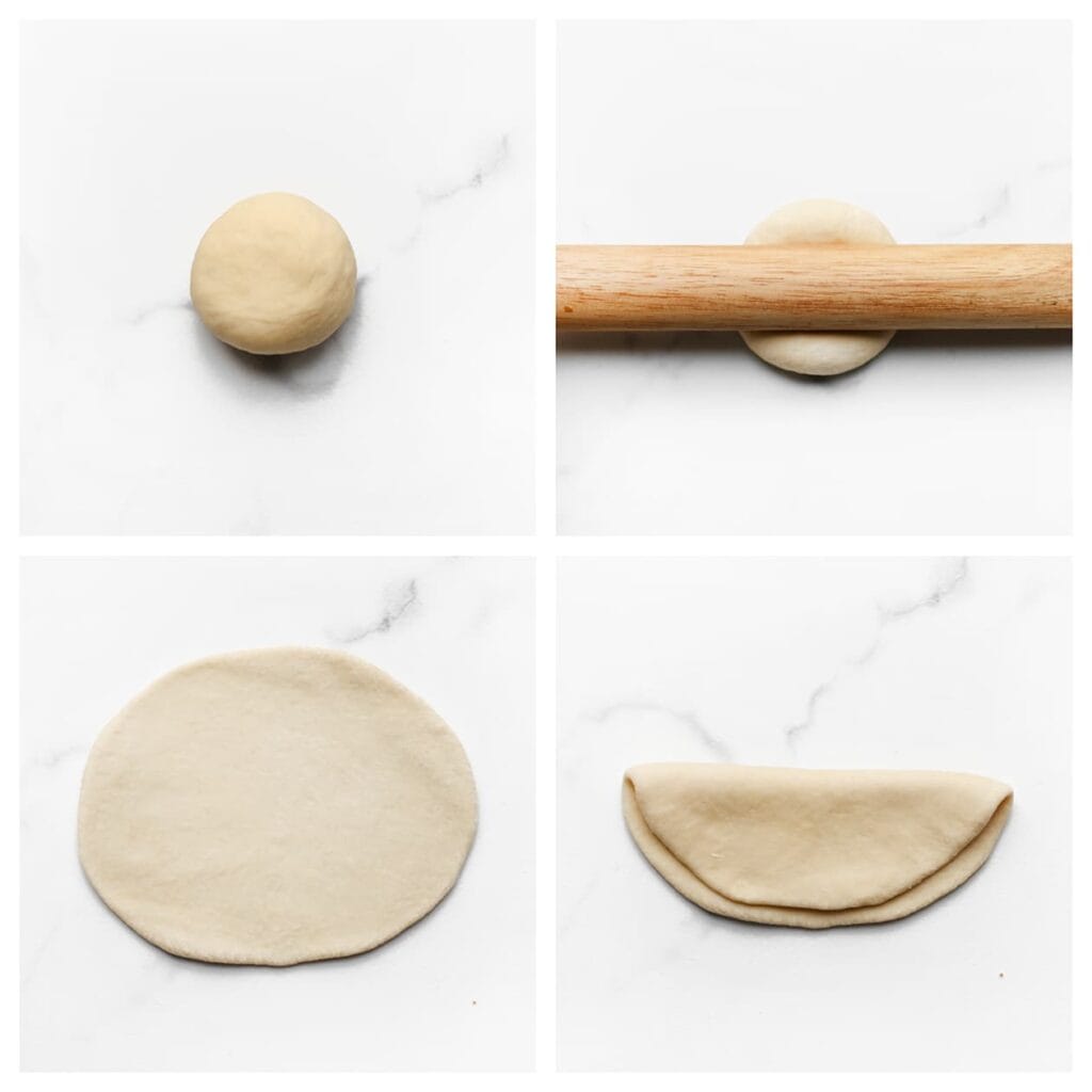 Rol een bol deeg uit tot een lap van ongeveer 15 x 13 cm en vouw deze dubbel.