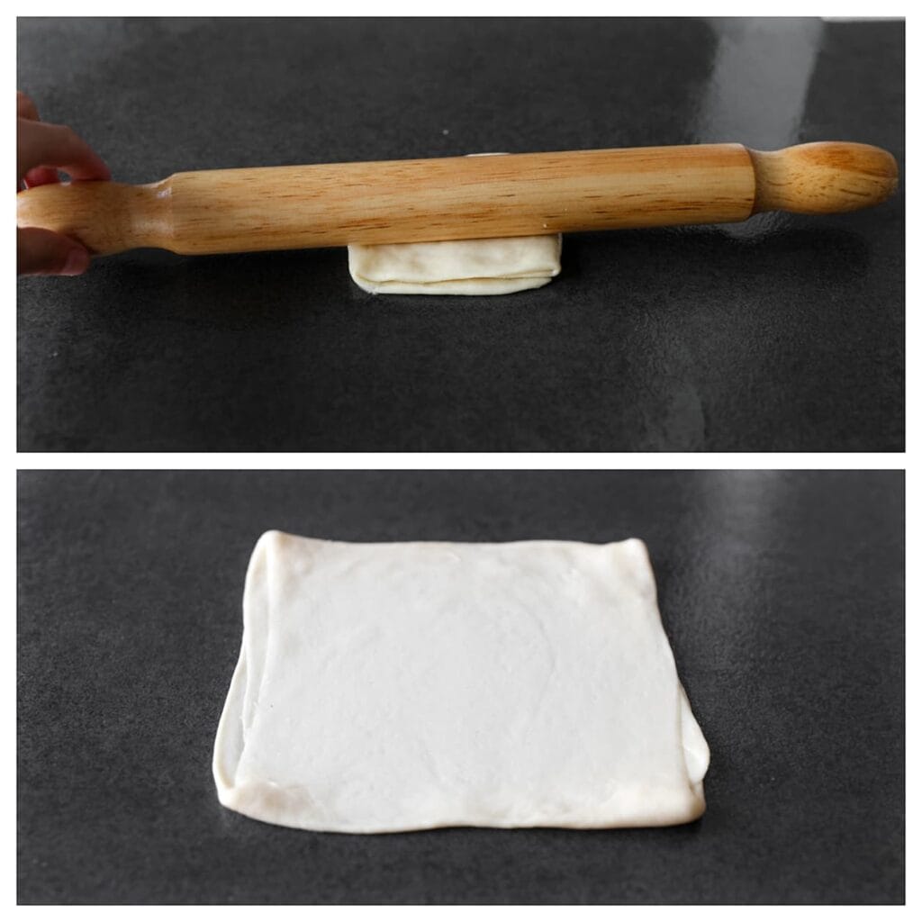 Werk verder met het eerste gevouwen pakketje. Rol het met een deegroller uit tot een vierkant van ongeveer 14 x 14 cm.