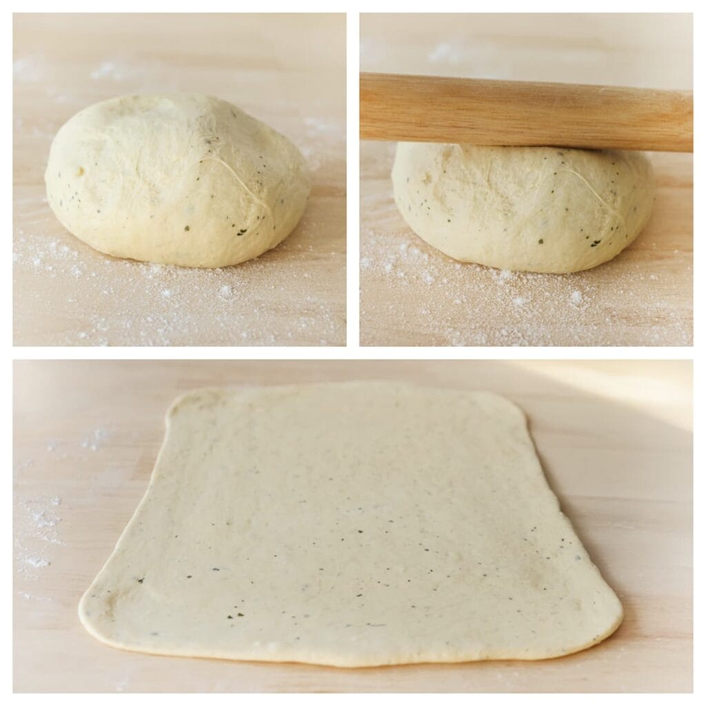 Druk de lucht uit het deeg en stort het op een met bloem bestoven werkvlak. Rol het deeg uit tot een rechthoek van 44 x 39 cm.