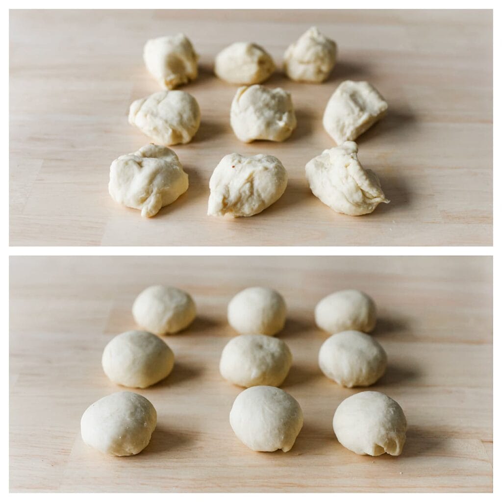 Druk de lucht uit het deeg en verdeel het in 9 gelijke stukken. Vorm tot bollen.