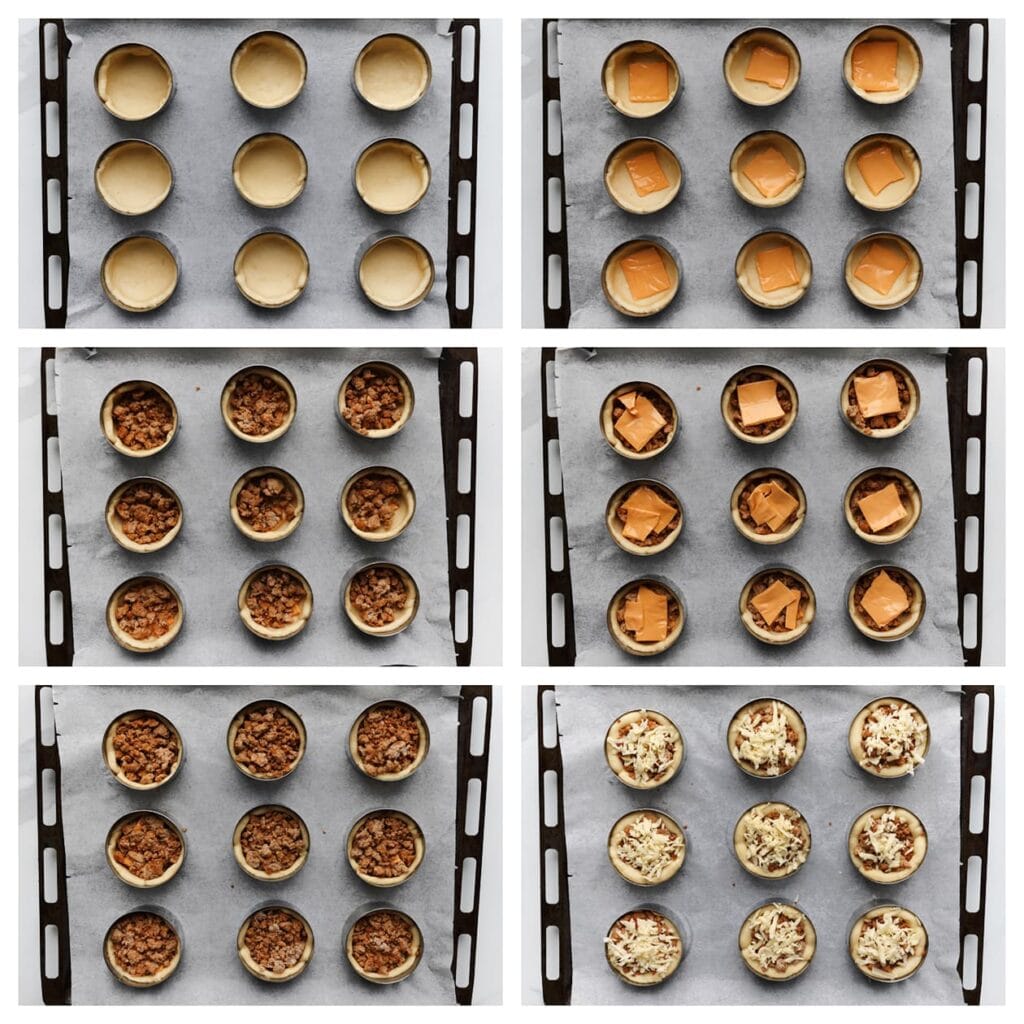 Vul de beklede deegvormpjes met een laag gehakt, plakjes kaas, weer een laag gehakt en strooi er geraspte kaas op. Laat 30 minuten rijzen of tot het deeg in omvang is verdubbeld.