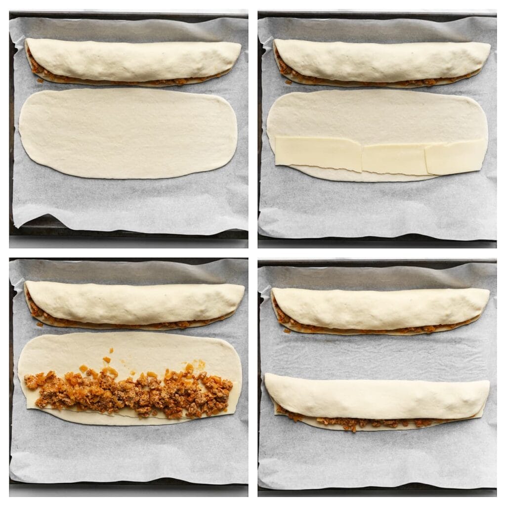 Leg het deeg op een met bakpapier beklede bakplaat. Beleg de onderste helft met plakjes kaas en een derde van het gehaktmengsel. Vouw de bovenste helft van het deeg over de vulling.