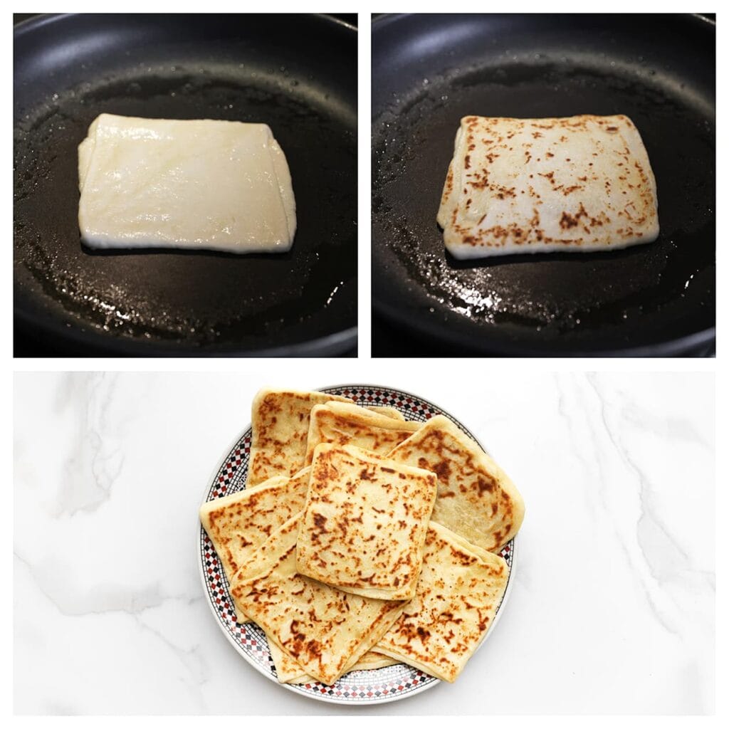 Bak het uitgerolde deeg in een koekenpan met een dikke bodem op middelhoog vuur. Bak beide kanten goudbruin.