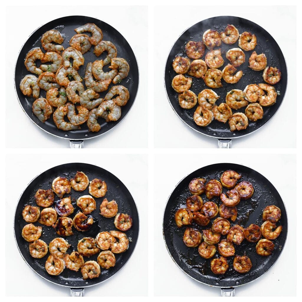 Verhit een koekenpan op middelhoog vuur en voeg de garnalen toe. Bak ze in 2-3 minuten gaar. Voeg de ketjap manis, chilisaus en zout naar smaak toe. Meng goed door de garnalen.