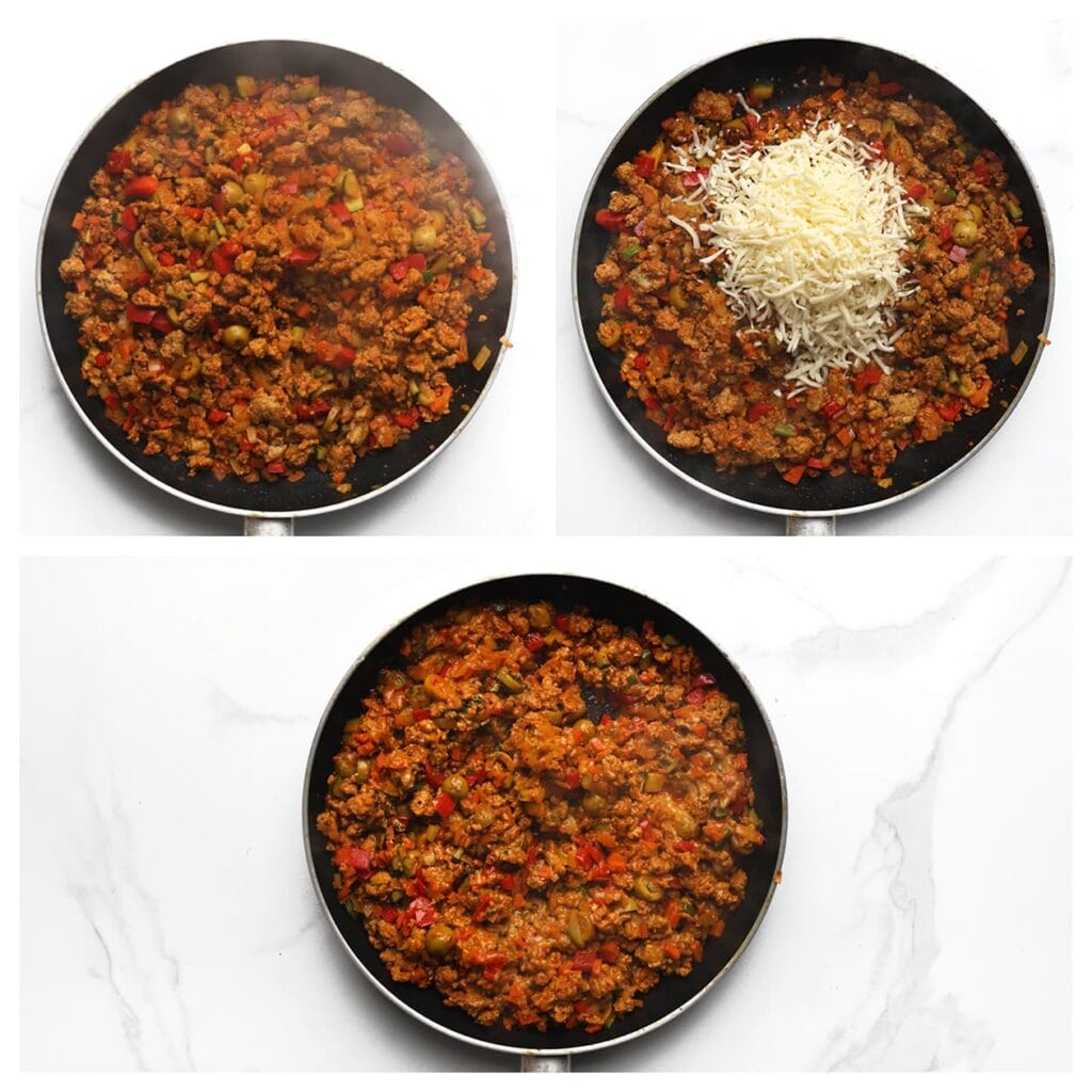 Haal de pan van het vuur en voeg de geraspte mozzarella toe. Meng goed en laat afkoelen.