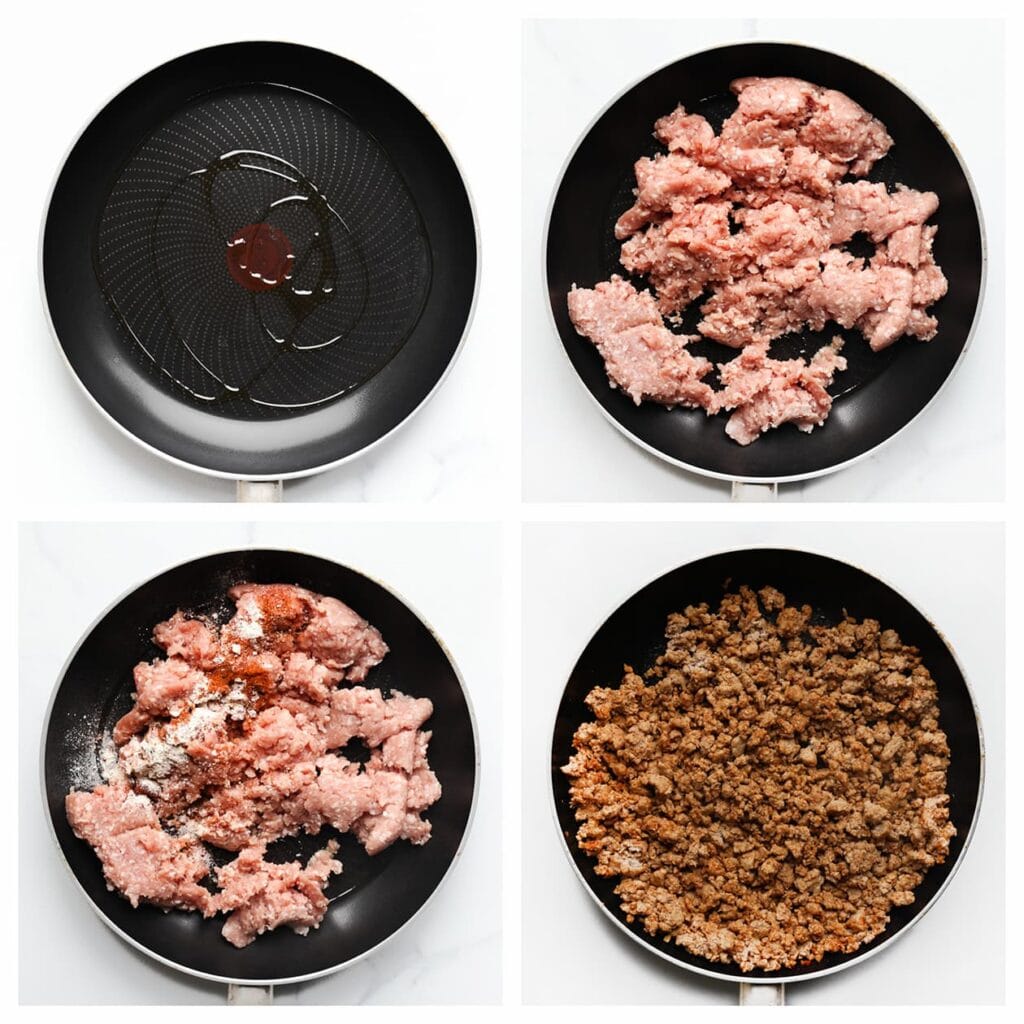 Verhit intussen de olijfolie in een koekenpan op middelhoog vuur. Voeg het gehakt, zout, de cayennepeper, uienpoeder, zwarte peper en knoflookpoeder toe. Bak het gehakt in 8-9 minuten rul en gaar. Laat afkoelen.