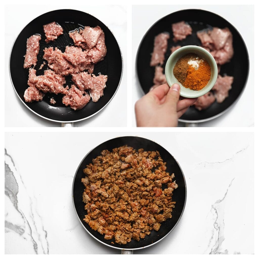 Verhit de olijfolie in een koekenpan op middelhoog vuur. Voeg het gehakt, zout, ras el hanout, komijnpoeder, cayennepeper, uienpoeder en knoflookpoeder toe. Bak 4 minuten.