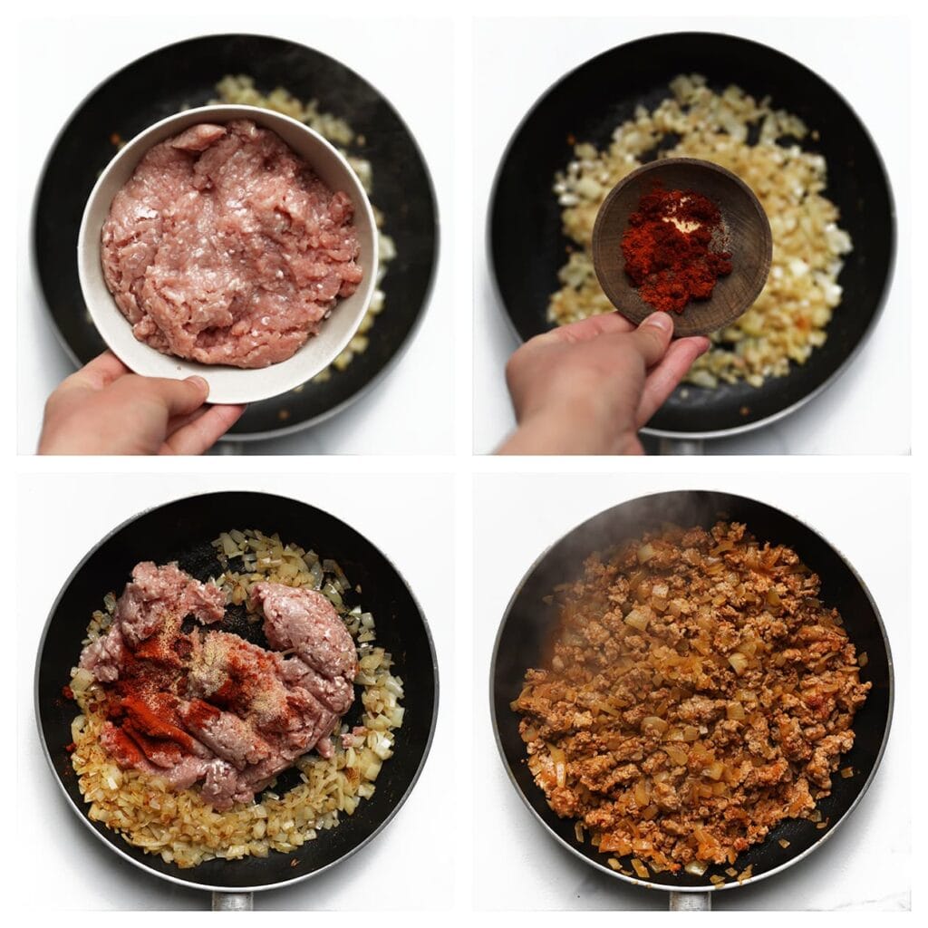 Doe het gehakt, zout, de cayennepeper, paprikapoeder, zwarte peper en knoflookpoeder erbij. Bak 7-8 minuten rul.