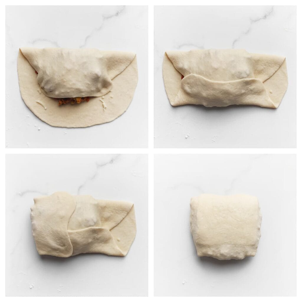 Vouw de bovenkant van het deeg over de vulling, de zijkanten naar binnen en vervolgens de onderkant omhoog. Draai het pakketje om.