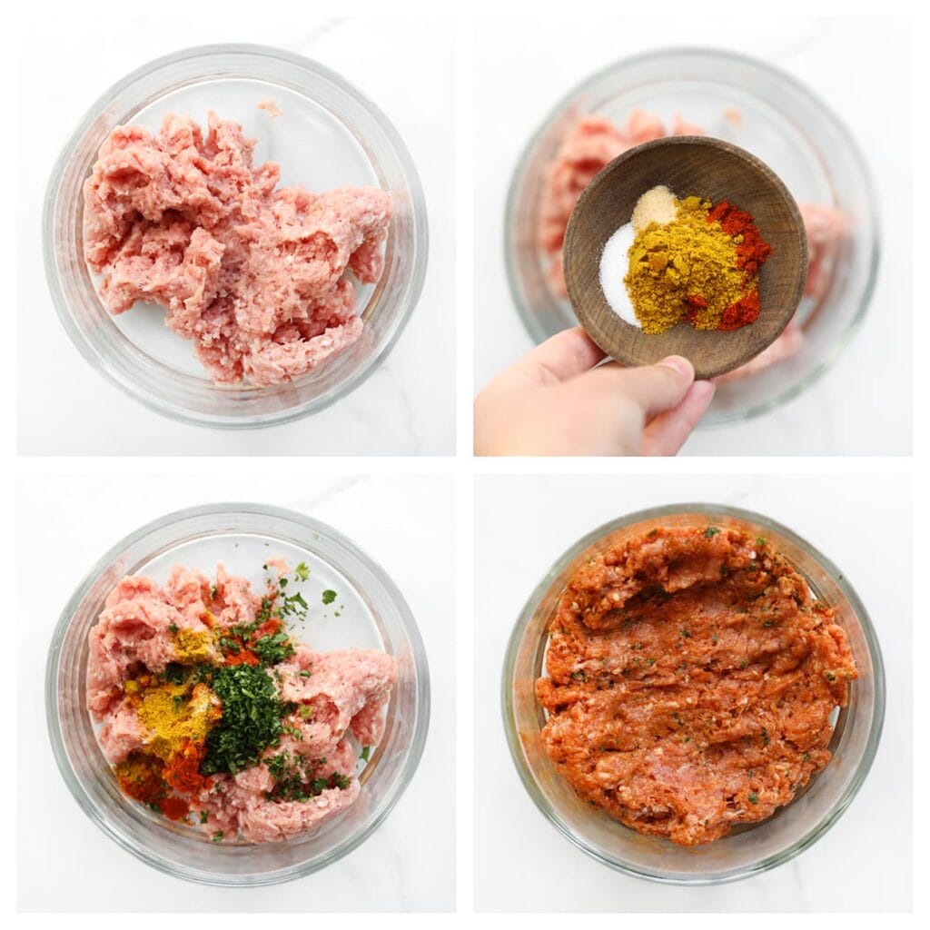 Meng het gehakt met het zout, de cayennepeper, knoflookpoeder, currypoeder en gehakte peterselie. Kneed goed tot een geheel.