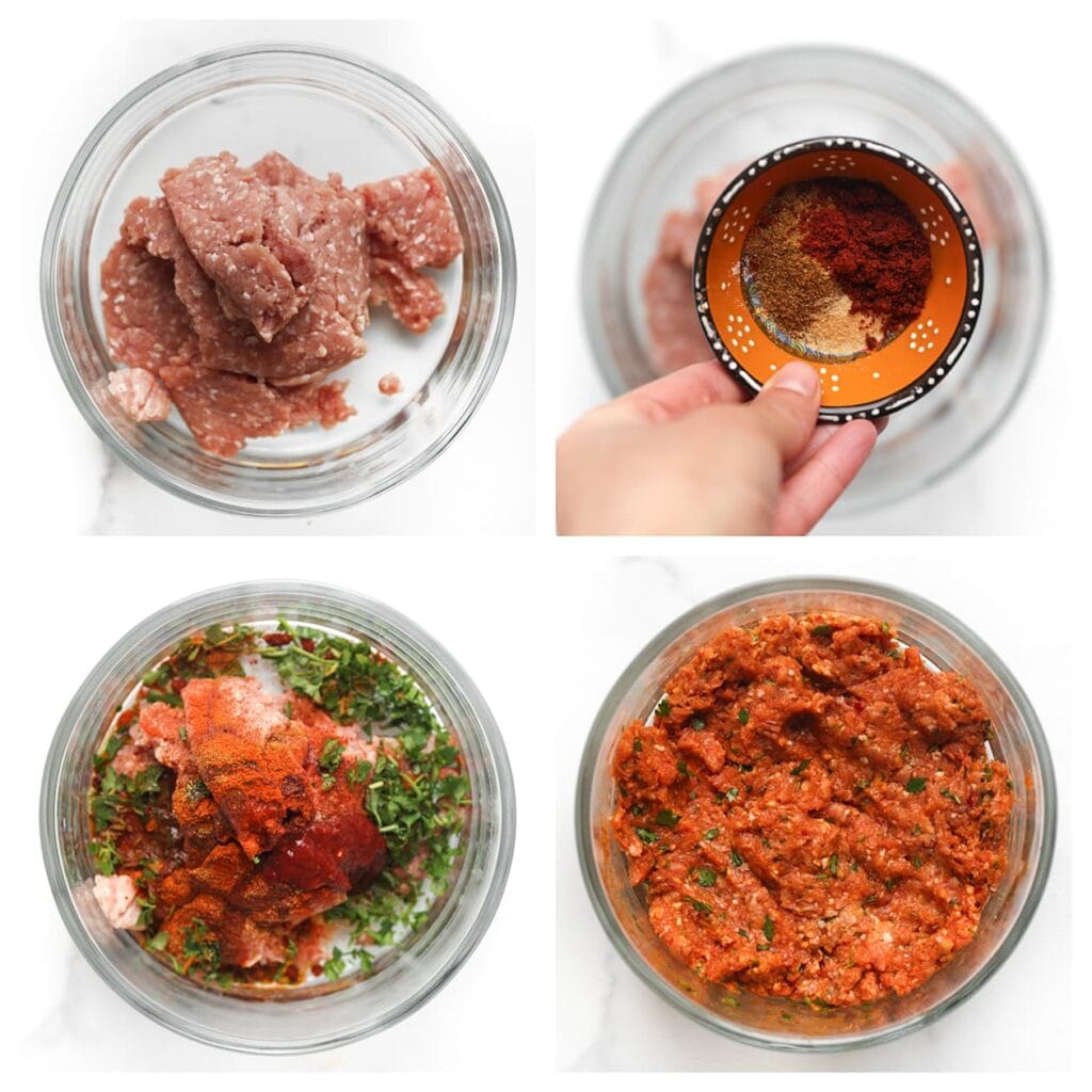 Doe het gehakt, zout, de cayennepeper, kurkuma, knoflookpoeder, paprikapoeder, komijnpoeder, sambal, fijngehakte peterselie en olijfolie in een kom. Meng tot een samenhangend geheel.