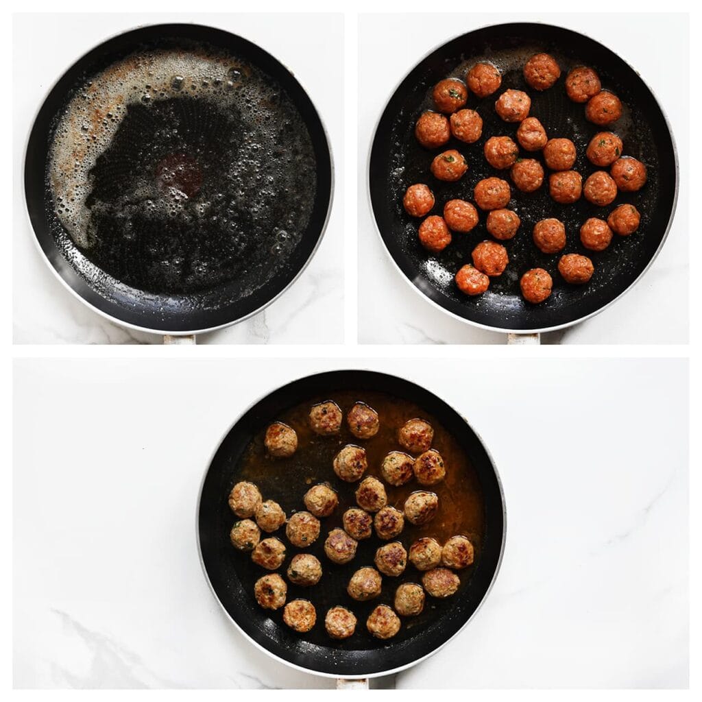 Verhit de roomboter en olijfolie in een koekenpan op middelhoog vuur. Bak de gehaktballetjes rondom bruin en gaar.