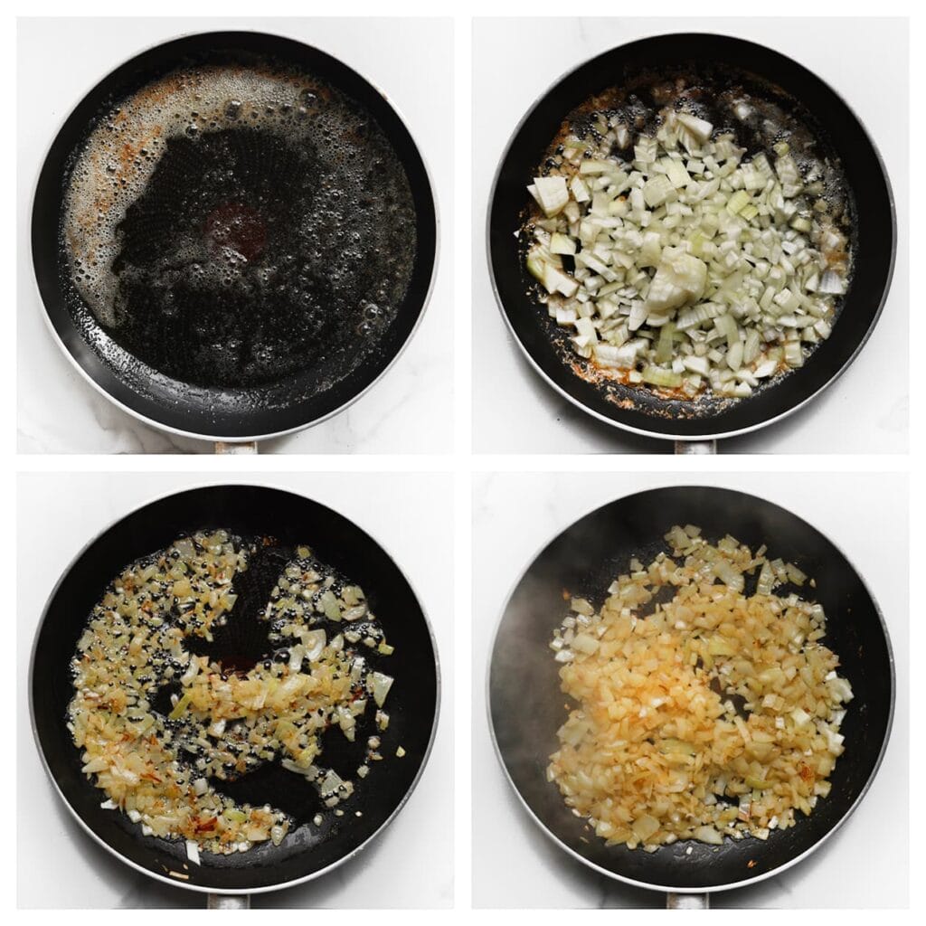 Verhit de roomboter en olijfolie in een koekenpan op middelhoog vuur. Voeg de gesnipperde ui toe en bak in 5-7 minuten goudbruin.